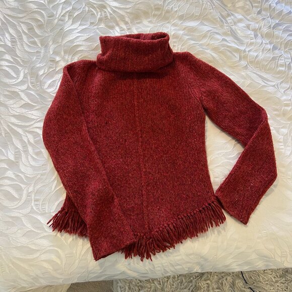Banana Republic Wool Turtleneck Fringe Sweater – Deep Tomato Red, Size S - Picture 2 of 4